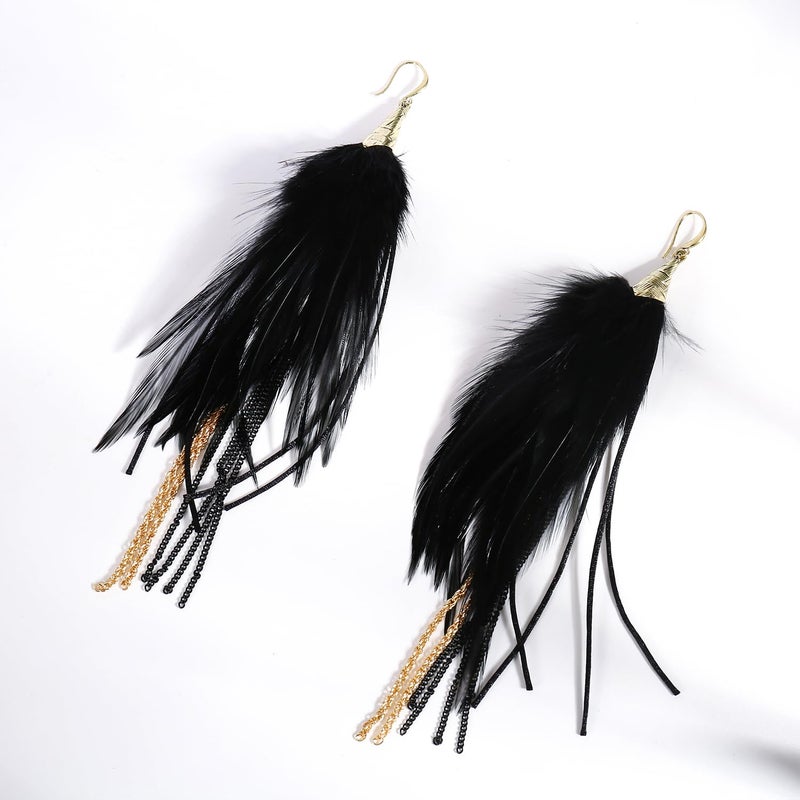 Badu Black Bohemian Feather Dangle Earrings for Women with Shell Beads Long Tassel Design Drop Earrings - Image 3